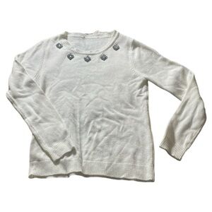 IVANKA TRUMP white long sleeve lightweight jeweled crew neck sweater.